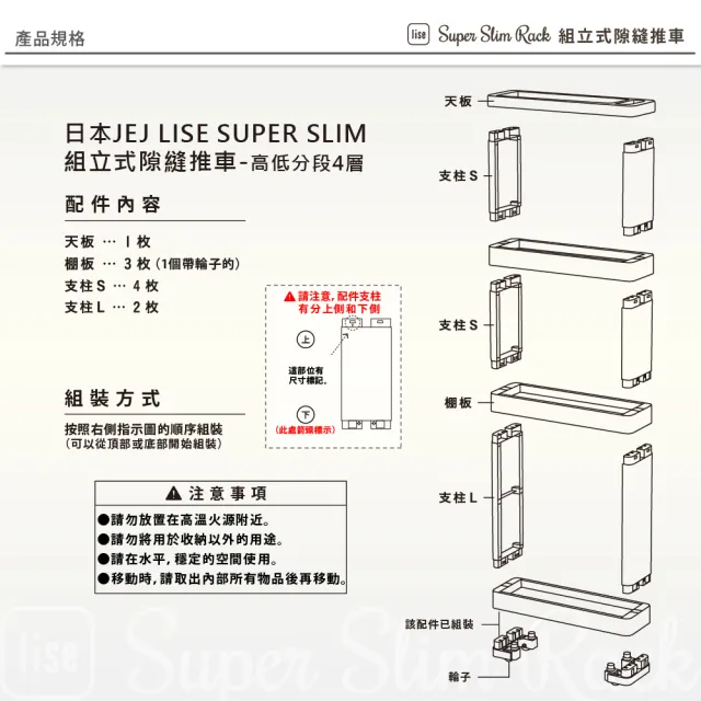 【JEJ ASTAGE】Lise Super Slim Rack組立式隙縫推車高低分段/ 4層(組合式隙縫推車)