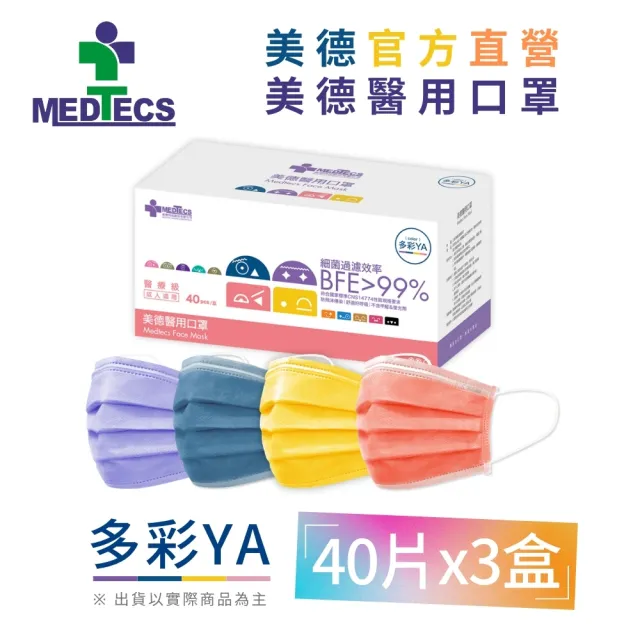 【MEDTECS 美德醫療】醫用口罩3盒(40片/盒)多彩YA (忙Day藍/尬電紫/喜金a/森七紅 各色獨立包裝)