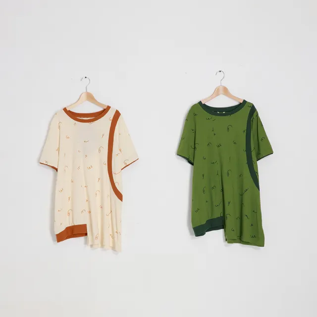 【MOSS CLUB】捲捲印花不對稱長版-女短袖上衣 印花 綠 米(二色/版型寬鬆)