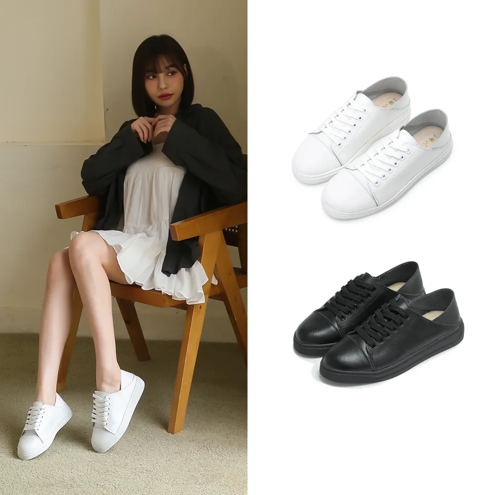 【FUFA Shoes 富發牌】MIT真皮日常休閒鞋-真黑/真白 8035L(女鞋/女休閒鞋/小白鞋/真皮鞋)