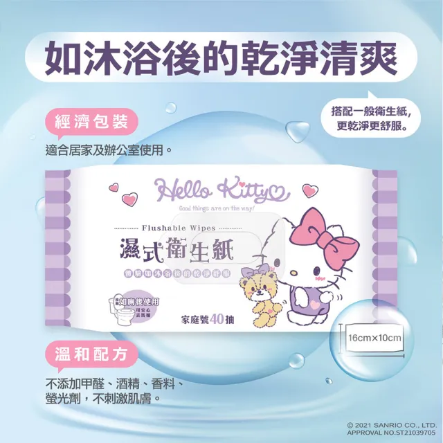 【SANRIO 三麗鷗】Hello Kitty 凱蒂貓 濕式衛生紙 40 抽 X  36 包 家庭號組合包 可安心丟馬桶(箱購)