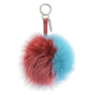【FENDI 芬迪】立體撞色毛球造型扣環雙吊飾鑰匙圈(紅藍)