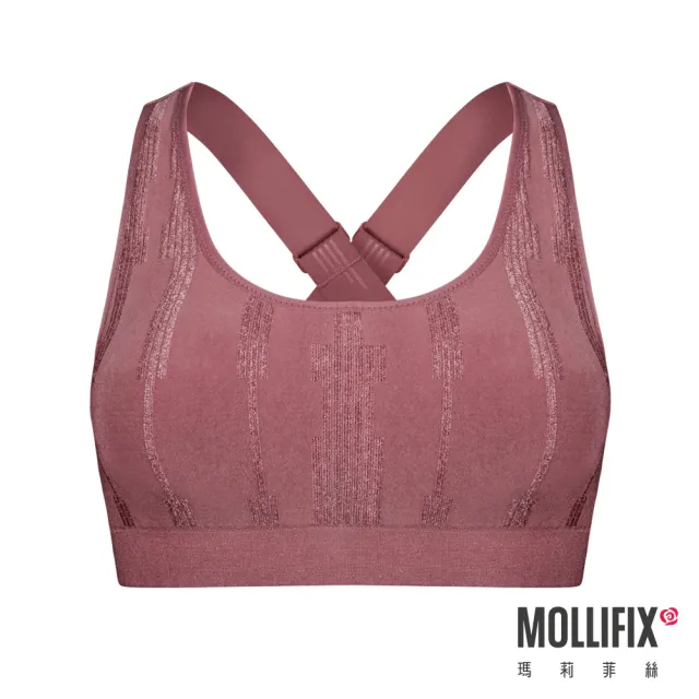 【Mollifix 瑪莉菲絲】A++ 微光LOGO肩帶浮托BRA、瑜珈服、無鋼圈、運動內衣(乾燥玫瑰)