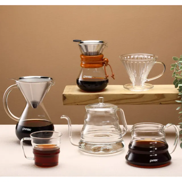 【CorelleBrands 康寧餐具】Pyrex Cafe 咖啡玻璃壺700ML+咖啡玻璃杯 300MLX2
