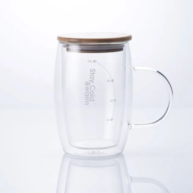 【CookPower 鍋寶_買1送1】雙層耐熱玻璃咖啡杯480ml(附贈竹製杯蓋)