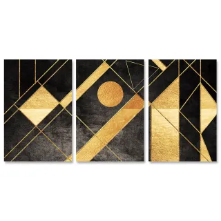 【24mama 掛畫】三聯式 油畫布 插圖 線條 幾何 黑色 藝術 無框畫-40x60cm(抽象金色)