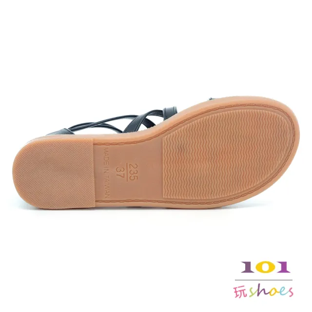 【101 玩Shoes】mit. 大尺碼微寬版帶繞踝平底羅馬涼鞋(米色/黑色.41-44碼)
