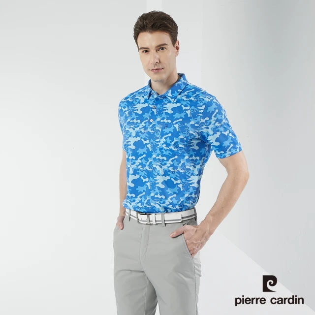 pierre cardin 皮爾卡登 商務休閒 男款 吸濕排汗緹花布加印花短袖Polo衫-藍色(5217206-36)