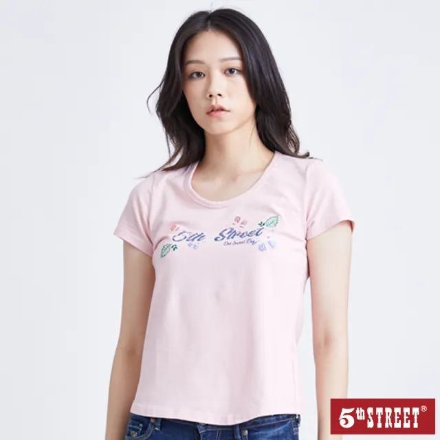 【5th STREET】雙11 女裝 短袖 短t 上衣 t恤 TEE 蝴蝶 logo 棉質 粉紅(570796)