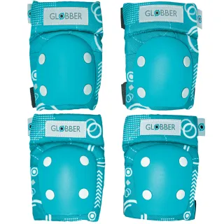 【GLOBBER 哥輪步】法國 EVO 兒童護具組-幾何藍綠(含護肘與護膝 護具、防護、防摔)
