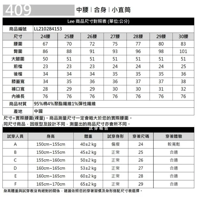 【Lee 官方旗艦】女裝 牛仔褲 / 409 中腰合身小直筒 深藍洗水(LL210284153)