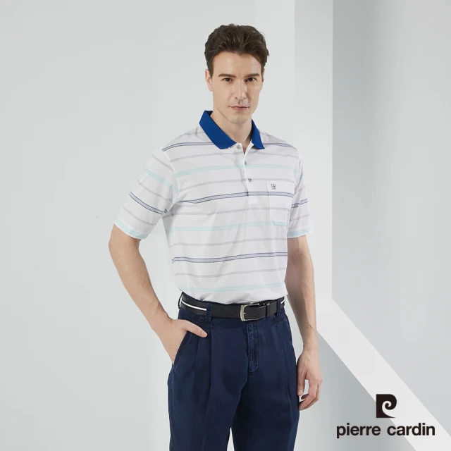 pierre cardin 皮爾卡登 商務休閒 男款 吸濕排汗橫條短袖polo衫-藍色(5217295-38)