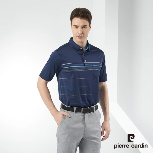 【pierre cardin 皮爾卡登】商務休閒 男款 吸濕排汗定位橫條短袖polo衫-深藍色(5217292-38)