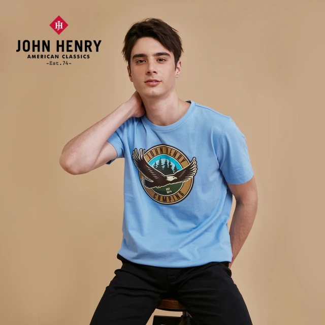 【JOHN HENRY】飛鷹印圖短袖T恤-淺藍