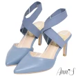 【Ann’S】芭蕾造型-寬版鬆緊繫帶V口綿羊皮尖頭細跟鞋8cm(藍)