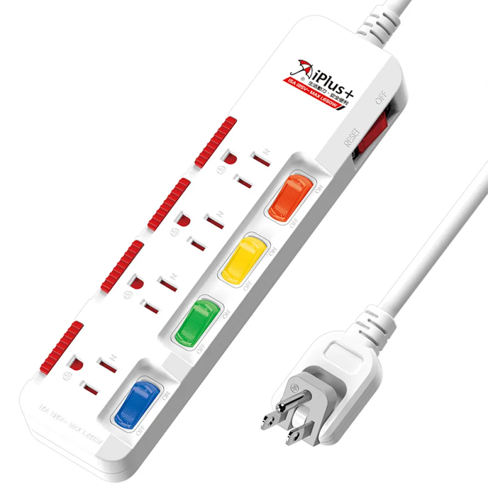 【iPlus+ 保護傘】5開4插防火防塵抗雷擊扁插延長線1.8m(PU-3543S)