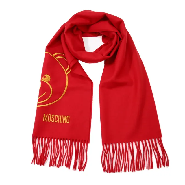 【MOSCHINO】泰迪熊臉純羊毛寬版流蘇圍巾(007 紅色)