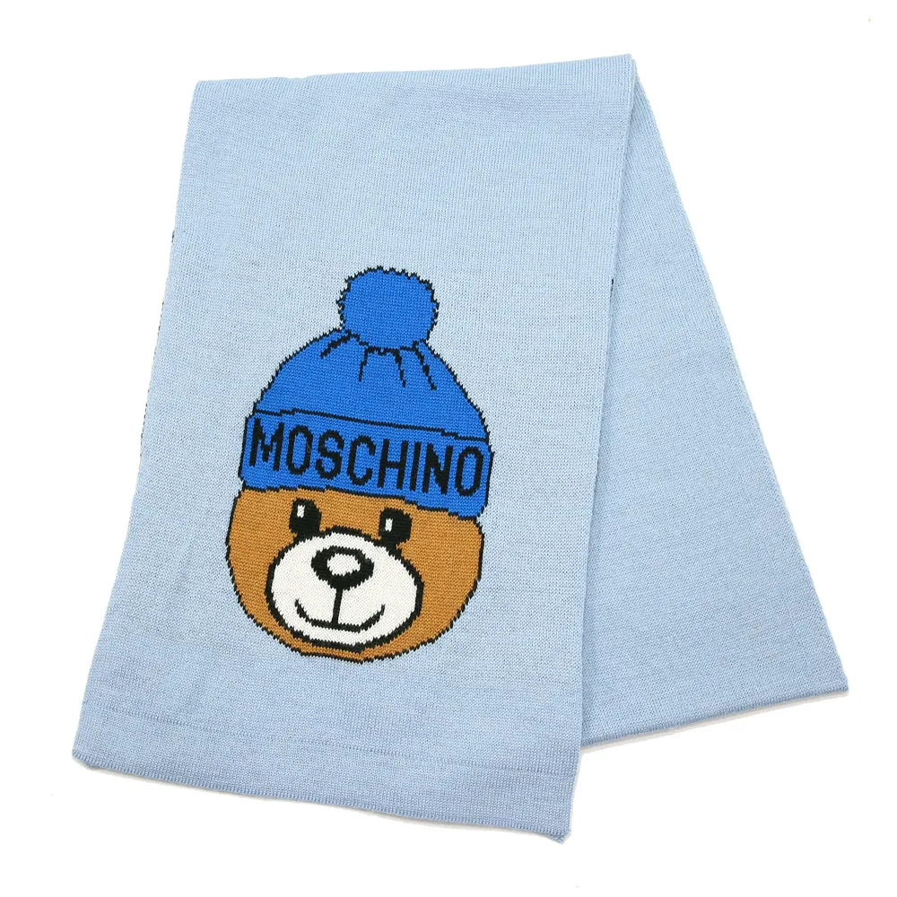 【MOSCHINO】毛帽熊混紡羊毛窄版圍巾(012 水藍)