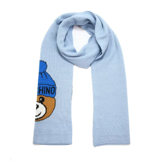 【MOSCHINO】毛帽熊混紡羊毛窄版圍巾(012 水藍)