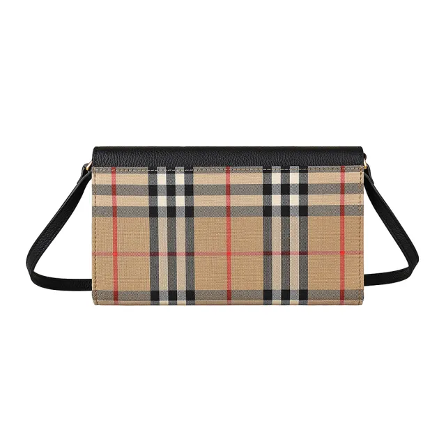 【BURBERRY 巴寶莉】Burberry VINTAGE 金字壓印LOGO格紋帆布皮革12卡斜背扣式長夾(米x黑)