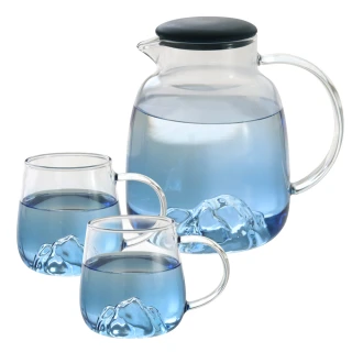 【Just Home】悠藍自然山形耐熱玻璃一壺兩杯組茶壺+馬克杯(玻璃杯、耐熱玻璃)