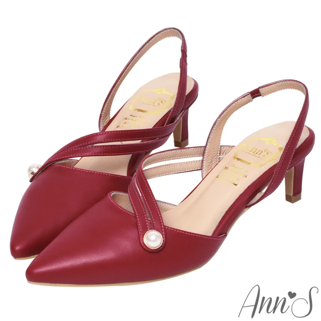【Ann’S】法式珍珠-顯瘦曲線綿羊皮拉帶尖頭跟鞋5cm-版型偏大(紅)