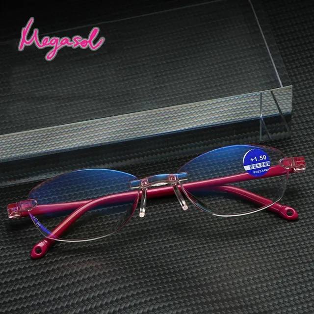 【MEGASOL】抗UV400濾藍光超輕無框女仕老花眼鏡(經典切割無框橢圓鏡框ZH-805)