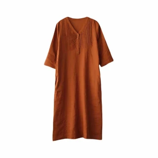 【ACheter】文靜幽雅摺排釦棉麻七分袖寬鬆洋裝#110037現貨+預購(2款任選)