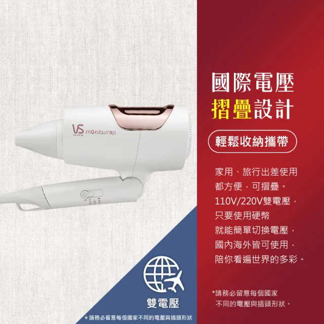 【VS 沙宣】等離子水膜國際電壓摺疊吹風機-白(VSP-1200W)