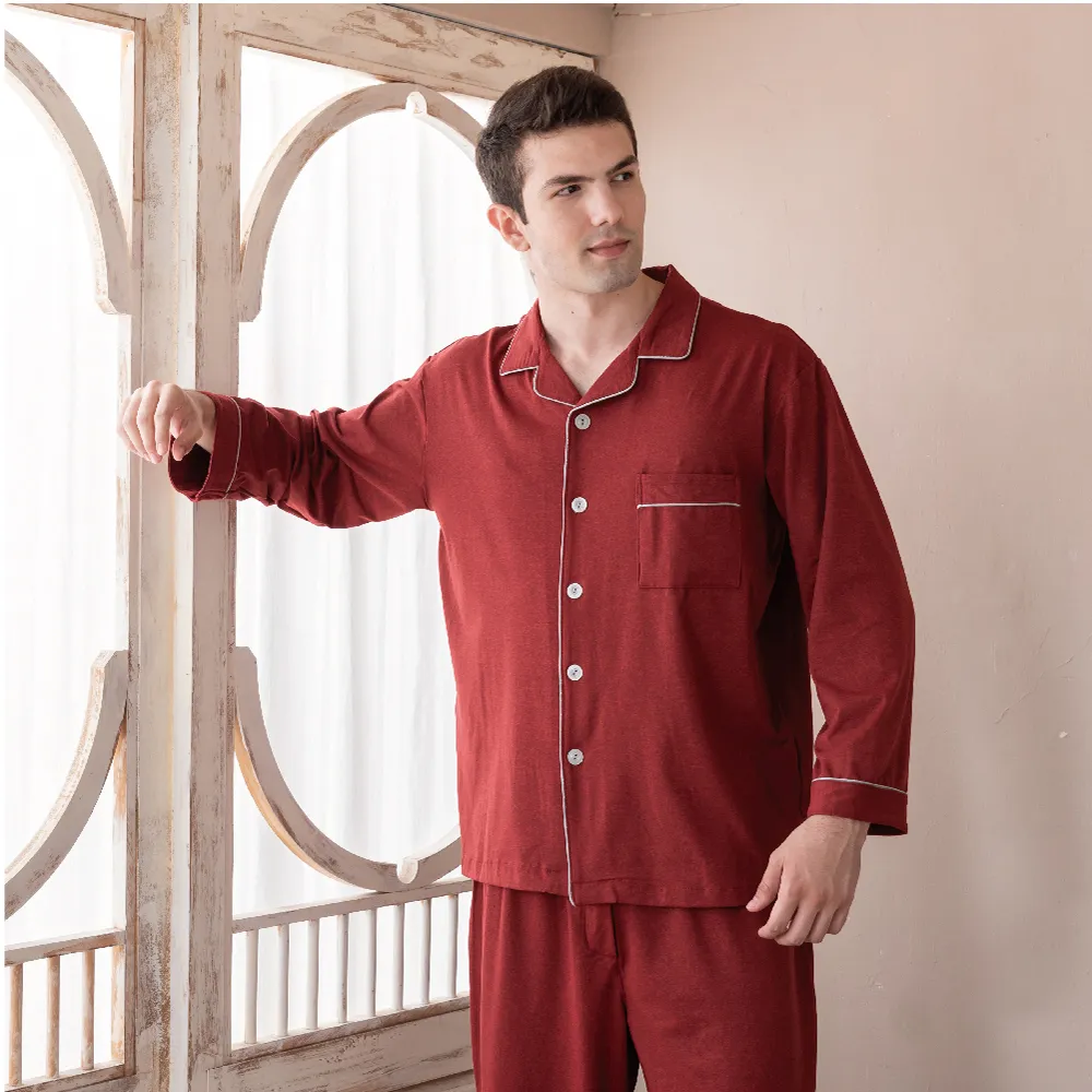 【MFN 蜜芬儂】台灣製-男性長袖褲裝睡衣(M.L.XL-暗紅色)