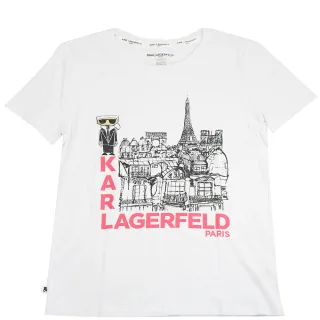 【KARL LAGERFELD 卡爾】老佛爺 巴黎風景圖案個性棉短T(白)
