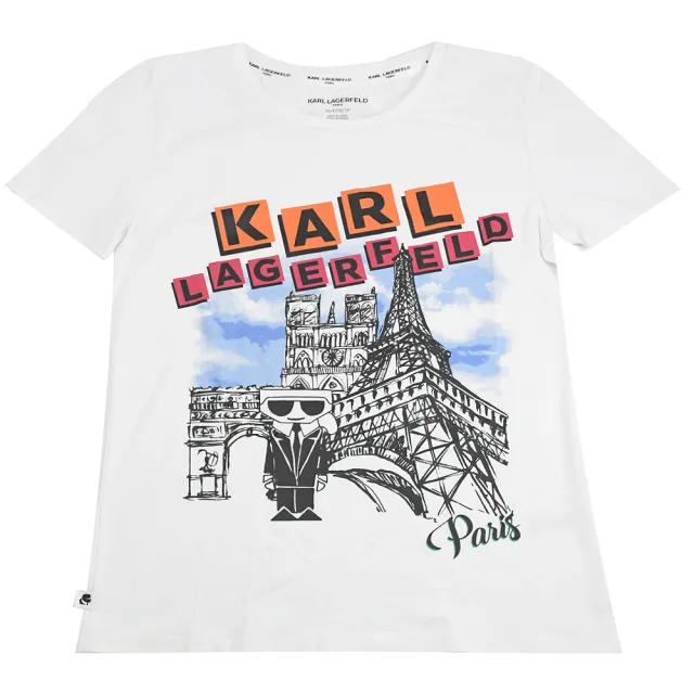 【KARL LAGERFELD 卡爾】老佛爺 巴黎公仔圖案個性棉短T(白)