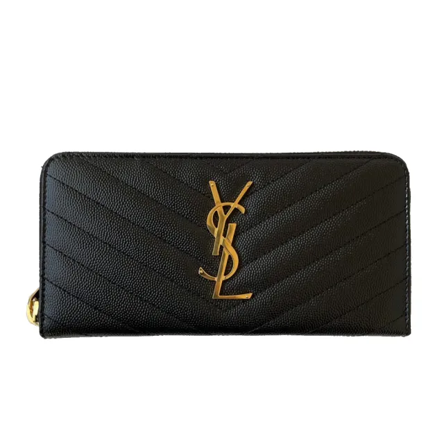 【YSL】SAINT LAURENT Monogram 魚子醬 牛皮 金logo 拉鍊式 皮夾 長夾 黑色