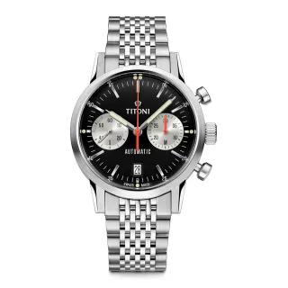 【TITONI 梅花錶】傳承系列 X Cafe Racer 雙眼計時機械錶 熊貓錶-黑面鍊帶/41mm(94020 S-681)