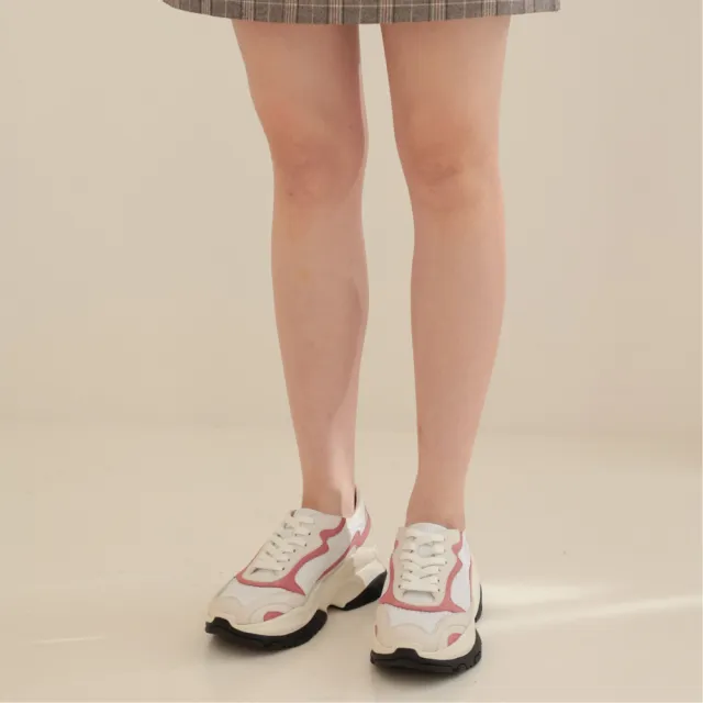 【WYPEX】針織真皮透氣增高粉色老爹鞋女厚底鞋(增高7公分)