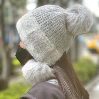 【Acorn 橡果】甜美雙色大毛球保暖毛帽遮陽帽兔毛套頭帽1717(灰色)