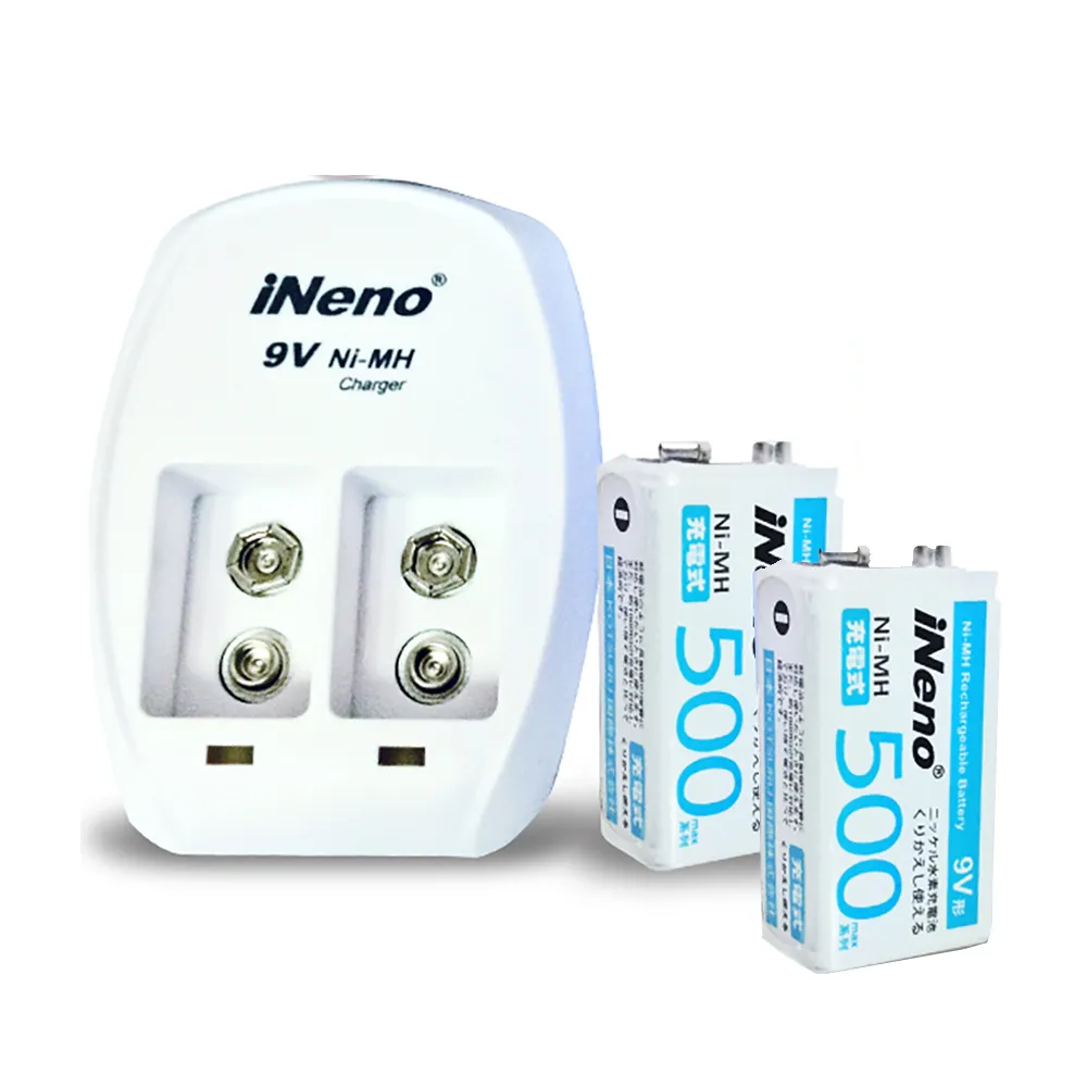 【iNeno】鎳氫 9V 角型 充電電池 500max 2顆入+專用充電器(方形電池 居家 存電 循環充電)