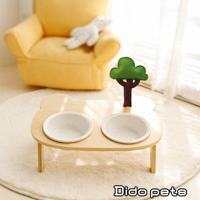 【Dido Pets】陶瓷製木架款 斜口護頸寵物碗 雙碗款-小花/小樹款(PT089)