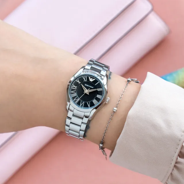 【EMPORIO ARMANI】亞曼尼 公司貨 Valente 羅馬經典菱格不鏽鋼腕錶/銀x黑面(AR11088)