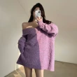 【BBHONEY】迷幻紫慵懶V領 拉鍊露肩 長袖套頭針織毛衣(網美必備款)