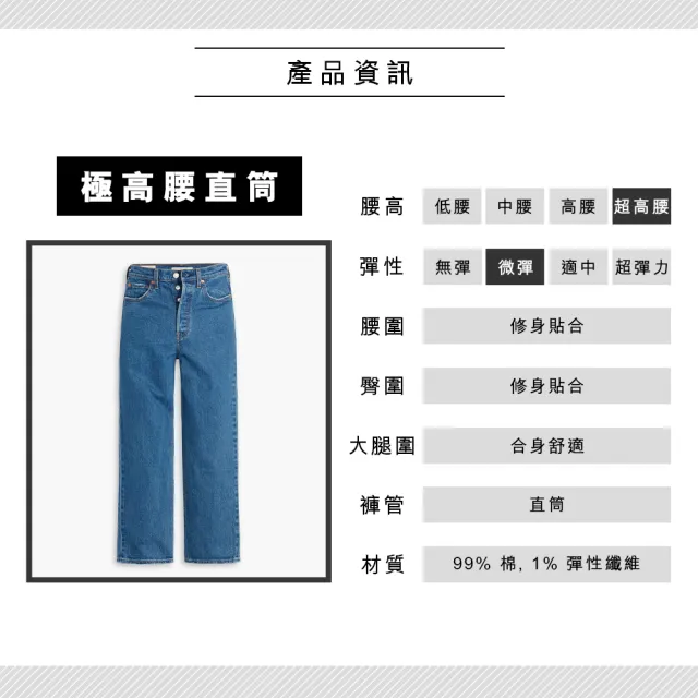 【LEVIS 官方旗艦】女款 Ribcage復古超高腰排釦直筒牛仔長褲/精工中藍染石洗/有機面料/彈性/及踝 人氣新品