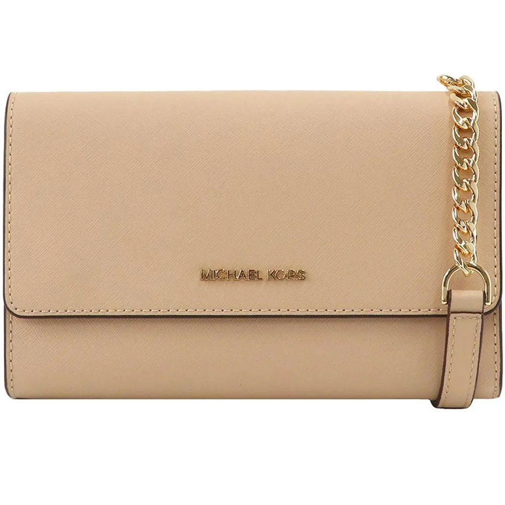 【Michael Kors】奶茶色防刮皮革三合一WOC鏈帶斜背包+手拿包