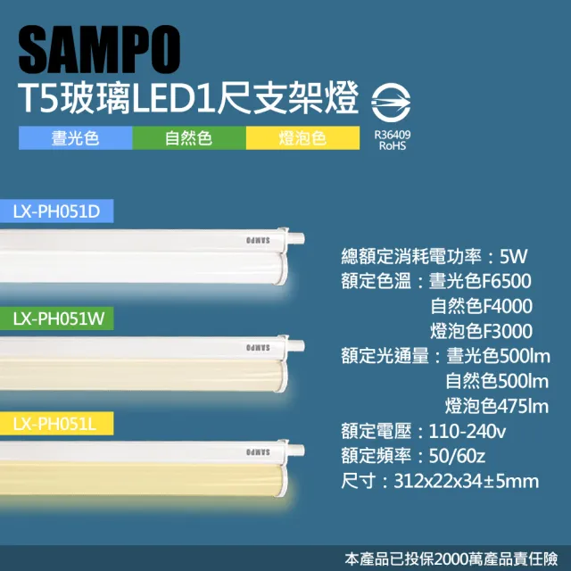 【SAMPO 聲寶】LX-PH051 LED T5 5W支架燈1尺4支裝(晝光色/自然色/燈泡色 任選)