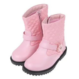 【布布童鞋】甜美格菱紋花朵粉色皮質兒童短靴(K1P083G)