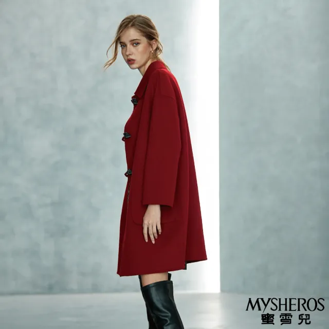 【MYSHEROS 蜜雪兒】毛呢大衣 100%羊毛 翻領 排釦 大口袋 素色(紅)