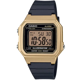 【CASIO 卡西歐】復古金屬感數位電子腕錶/黑x金框(W-217HM-9A)