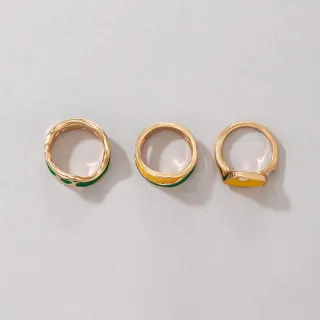 【INES】不規則幾何金屬線條黃綠撞色滴釉造型3件戒指套組(不規則戒指 金屬戒指 撞色戒指)