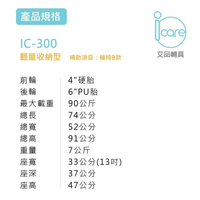 【艾品輔具 ( i care)】IC-300照護運輸輪椅(外出便利型收合輕量化輪椅)