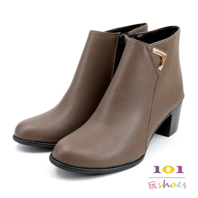 【101 玩Shoes】mit.氣質金飾粗跟短靴(棕色/黑色/可可 36-40碼)