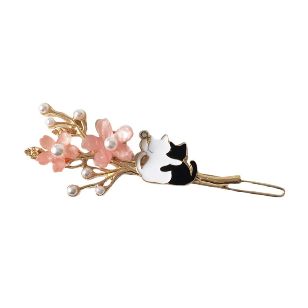 【MISA】韓國設計唯美粉色花朵可愛貓咪造型髮夾(可愛髮夾 貓咪髮夾 花朵髮夾)